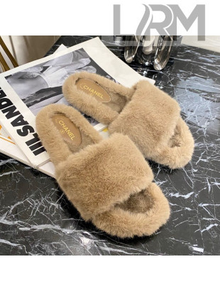 Chanel Fur Wide Strap Flat Sandals Beige 2020