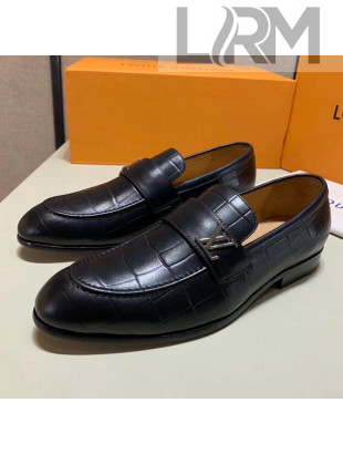 Louis Vuitton Men's Saint Germain Crocodile Emboss Leather Loafers Black 2019
