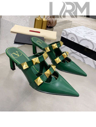 Valentino Roman Stud Calfskin Heel Mules with Sculpted Strap Green 2021