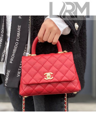Chanel Quilted Grained Calfskin Mini Flap Bag with Top Handle AS2215 Red/Gold 2021