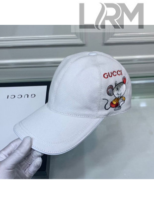Gucci Canvas Baseball Hat with Mouse Embroidery White 2020