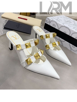 Valentino Roman Stud Calfskin Heel Mules with Sculpted Strap White 2021