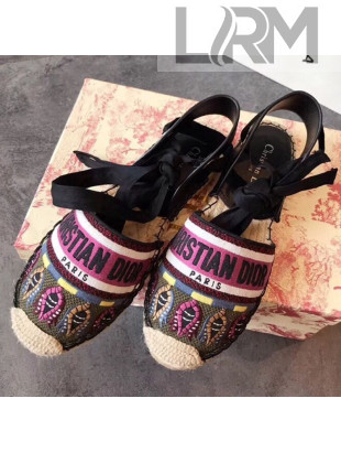 Dior Nicely-D Lace Up Flat Espadrille in Embroidered Canvas Fuschia 2019