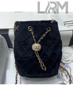 Chanel Quilted Velvet Drawstring Bucket Bag with Crystal Ball Charm AS1894 Black 2020