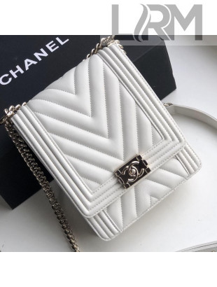 Chanel Long Chevron Smooth Lambskin Boy Flap Bag AS0130 White 2019