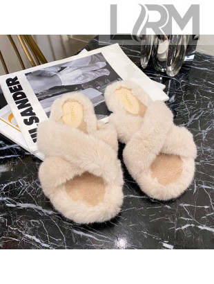 Chanel Fur Cross Strap Flat Sandals Nude 2020