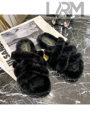 Chanel Fur Woven Strap Flat Sandals Black 2020