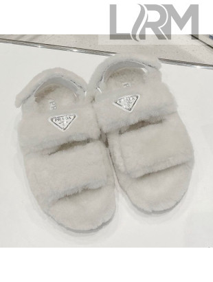 Prada Shearling Wool Flat Sandals White 2021