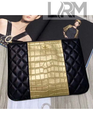 Chanel Metallic Crocodile Embossed Calfskin and Lambskin 2.55 Pouch A82725 Black/Gold 2019