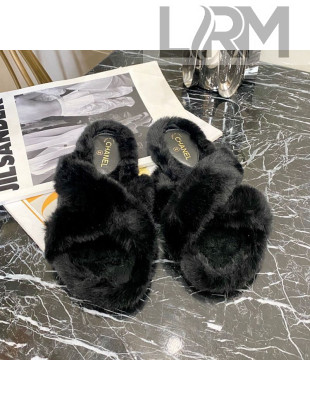 Chanel Fur Cross Strap Flat Sandals Black 2020