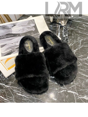 Chanel Fur Wide Strap Flat Sandals Black 2020