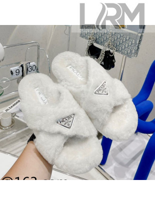 Prada Shearling Wool Cross Slide Sandals White 2021