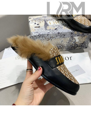 Dior J'Adior Flat Fur Mules in Brown Oblique Embroidery 2020