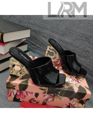 Dolce & Gabbana DG Patent Leather Slide Sandals 10.5cm Black/Gold 2021 