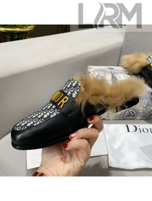 Dior J'Adior Flat Fur Mules in Black Oblique Embroidery 2020