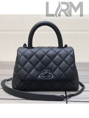 Chanel Quilted Grained Calfskin Mini Flap Bag with Top Handle AS2215 All Black 2021