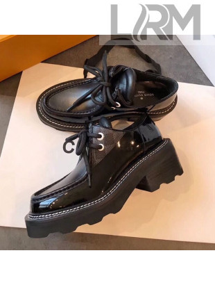 Louis Vuitton LV Beaubourg Patent Leather Platform Derby Lace-up Loafers Black 2019