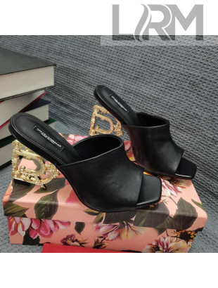 Dolce & Gabbana DG Calf Leather Slide Sandals 10.5cm Black/Gold 2021 