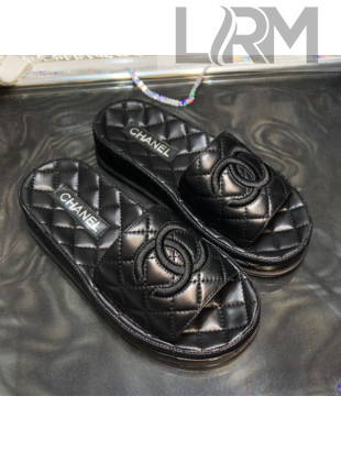 Chanel Lambskin Platform Flat Slide Sandals G36901 Black 2021
