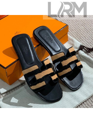 Hermes Oran Horsehair H Slide Sandals Black/Beige 2021