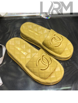 Chanel Lambskin Platform Flat Slide Sandals G36901 Yellow 2021