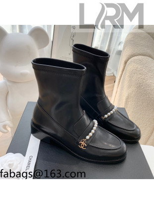 Chanel Leather Pearl Ankle Boots Black 2021