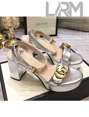 Gucci Leather Platform Sandal with Double G 573022 Silver 2020