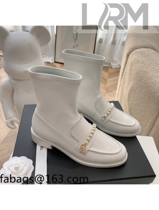 Chanel Leather Pearl Ankle Boots White 2021