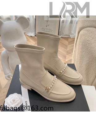 Chanel Leather Pearl Ankle Boots Apricot 2021