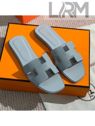 Hermes Oran Grained Leather H Slide Sandals Light Grey 2021
