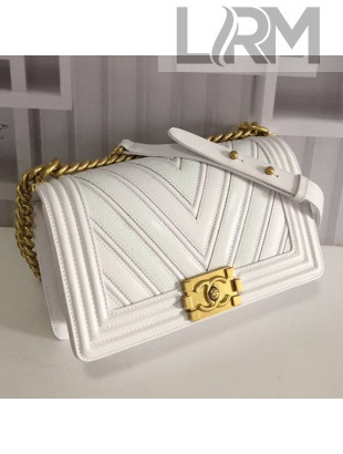 Chanel Chevron Patchwork Calfskin Medium Classic Boy Flap Bag White 2019