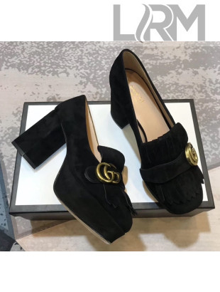 Gucci Suede Leather Heel Platform Pump with Fringe 573019 Black 2019