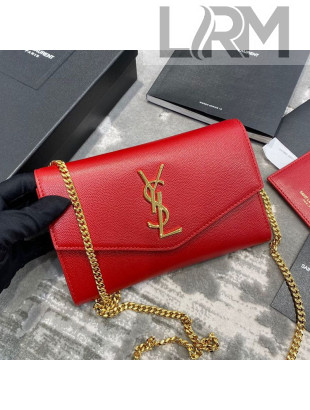 Saint Laurent Uptown Envelope Chain Wallet WOC in Grained Leather 607788 Red 2019