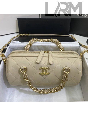 Chanel Quilted Lambskin Bowling Bag with Chain Top Handle Light Beige 2020