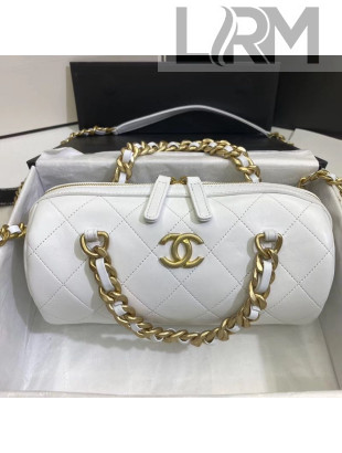 Chanel Quilted Lambskin Bowling Bag with Chain Top Handle White 2020
