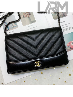Chanel Chevron Crinkled Calfskin Gabrielle Wallet on Chain WOC Bag A86025 Black