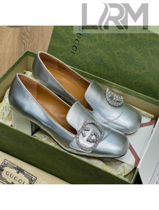Gucci Leather Loafer Pumps 5cm with Crystal Double G Silver 2022