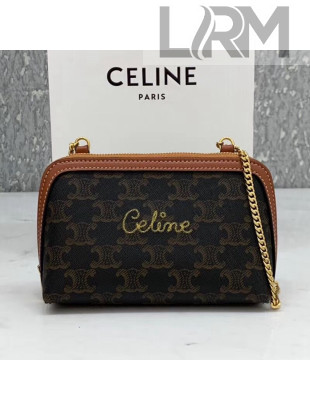 Celine Clutch with Chain in Triomphe Canvas with Embroidered Celine Brown 2021