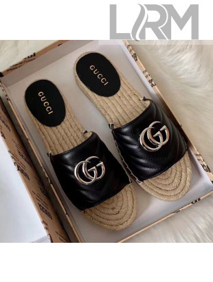 Gucci Matelassé Chevron Leather Espadrille Sandal 573028 Black 2020