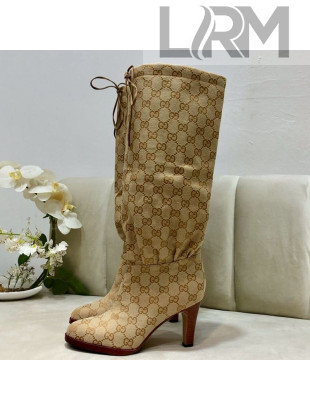 Gucci GG Canvas Tied Mid-heel High Knee Boot 551149 Beige 2019