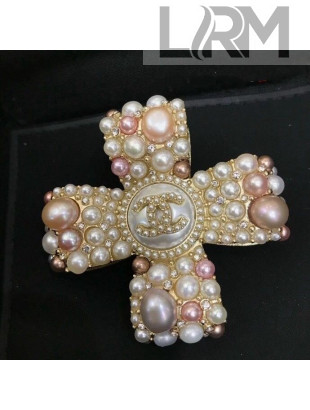 Chanel Pearl Cross Brooch AB5369 Pink/White 2020