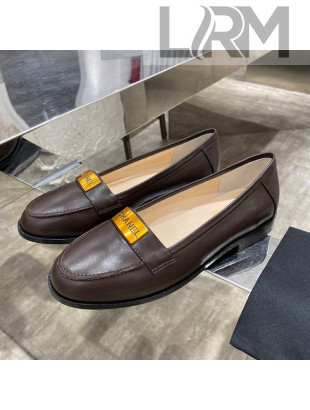 Chanel Calfskin Loafers with Logo Metal Dark Brown 2020