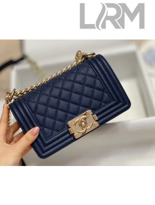 Chanel Quilted Origial Haas Big Caviar Leather Small Boy Flap Bag Blue with Light Gold Hardware(Top Quality)
