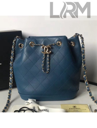 Chanel Quilted Leather Chain Drawstring Small Bucket Bag Blue 2019