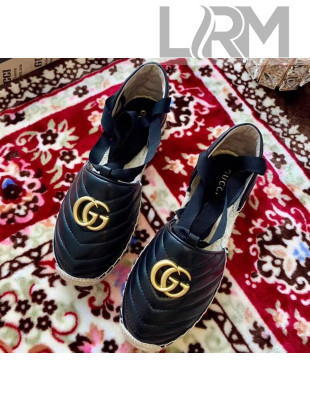 Gucci Matelassé Chevron Leather Espadrille Sandal With Ribbon 628148 Black 2020