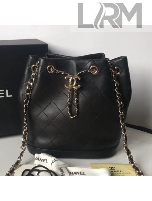 Chanel Quilted Leather Chain Drawstring Small Bucket Bag Black 2019