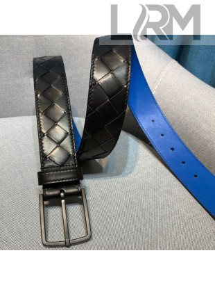 Bottega Veneta Woven Leather Belt 35mm with Matte Frame Buckle Black 2019