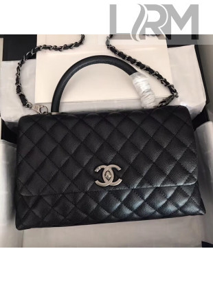 Chanel Grained Calfskin Flap Bag With Top Handle A92991 Black/Silver 2020