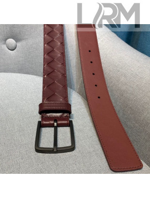 Bottega Veneta Woven Leather Belt 35mm with Matte Frame Buckle Burgundy 2019