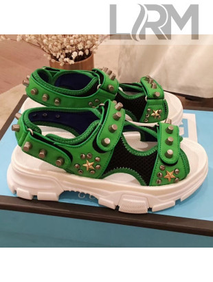 Gucci Flat Leather and Mesh Sandal with Studs 549909 Green/White 2019 